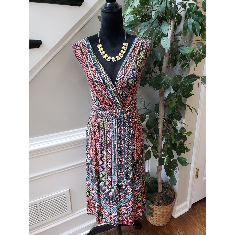 Spence Wrap Dress Women's Medium Multi Geometric Print Stretch Sleeveless V Neck